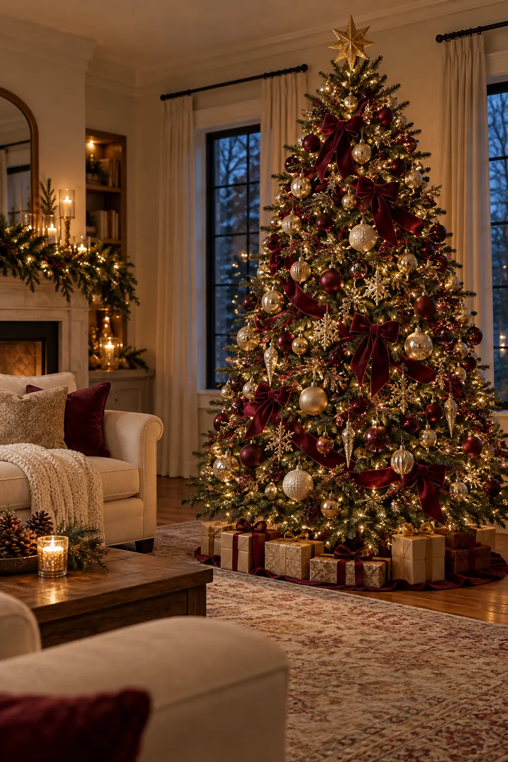 A living room at dusk with a tall Christmas tree in gold, champagne and burgundy velvet ribbon (an illustrative image).
